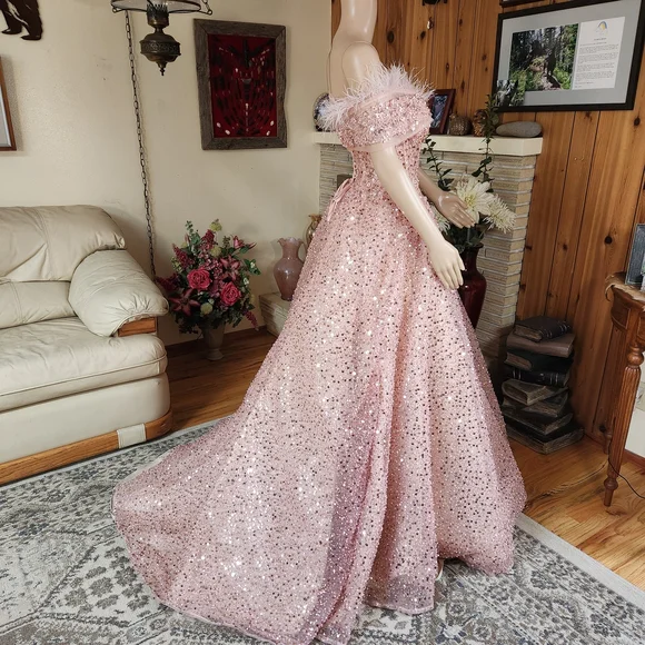 Dreamy Pink Heart-Sequined & Pearl Ball Gown Feathered & Corseted